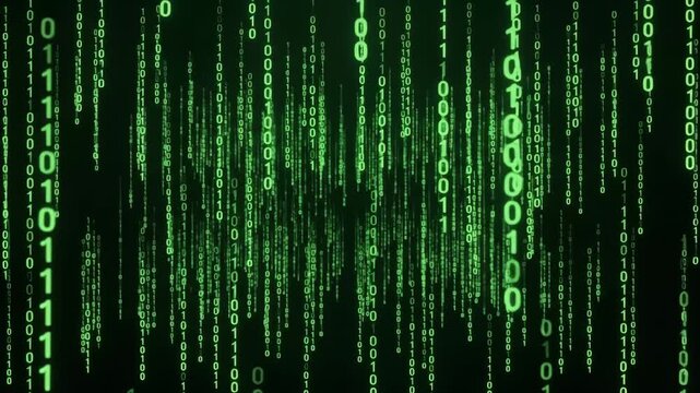 Green binary code matrix falling vertically on black background