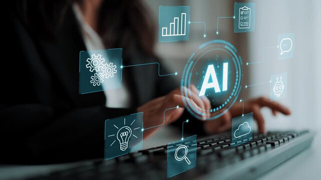 Business Professional Engaged with AI Technology and Digital Icons Representing Innovation, Data, and Connectivity in Modern Workplace Setting. Entropy.