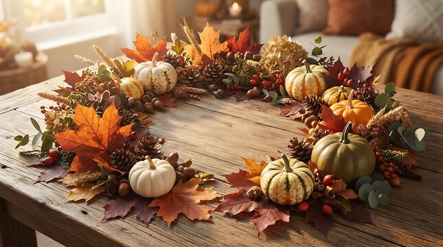 Autumn table centerpiece with pumpkins and leaves