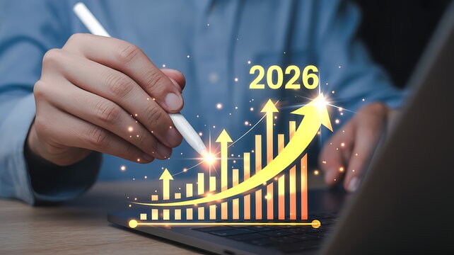 Man's hand with stylus pointing at upward trending graph with year 2026 and glowing lights during business planning