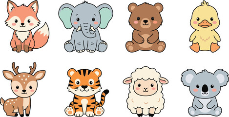 Obraz premium Cute Baby Animals Vector Character Set Featuring Little Fox Elephant Teddy Bear Duckling Deer Tiger Sheep and Koala for Kids Nursery Illustration Designs