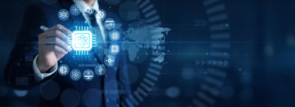 Advanced processing. Physicist point of Quantum Computing using supercomputer analyzing complex qubit algorithms on holographic monitor. Next level computational power.