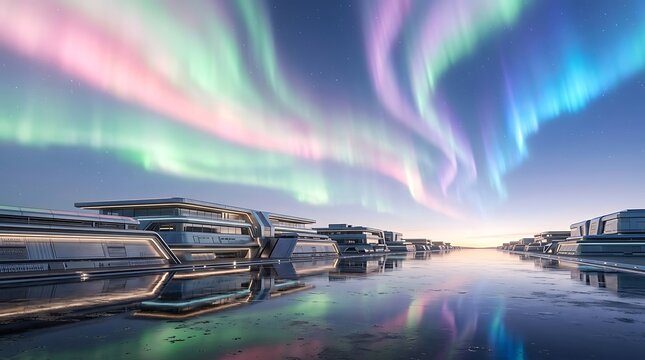 Vibrantly Glowing Northern Lights Ribbons Above Futuristic Coastal Megacity