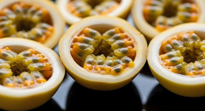 Many vibrant passion fruit halves displaying their seeds and pulp