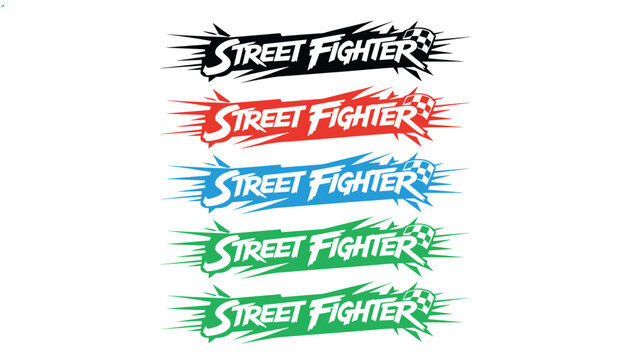 Street Fighter logo text template in five different colors with athletic paint splash effect design.