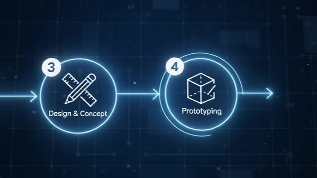Digital workflow process infographic with glowing blue icons showing design, concept, and prototyping steps