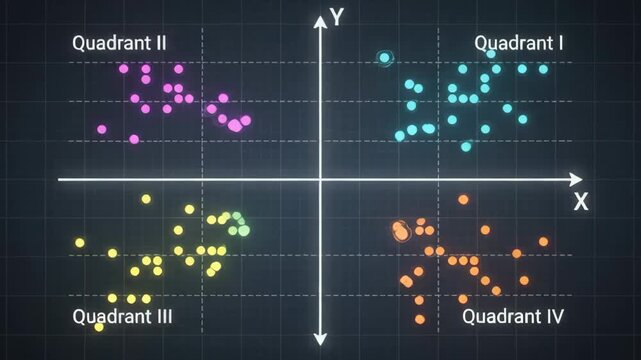 Colorful scatter plot graph illustrating mathematical Cartesian coordinate system with four distinct quadrants on a dark grid