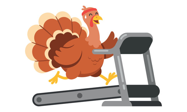 Funny cartoon Thanksgiving turkey wearing a sweatband running on a treadmill isolated on white background