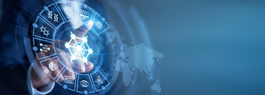 Advanced science. Laboratory researcher hand touch virtual dashboard screen analyzing Nanotechnology molecular structural graphics and cellular data. Modern innovation and futuristic digital interface