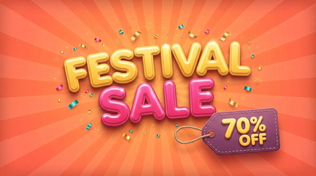 Festival Sale 3D Text Banner with 70 Percent Off Price Tag