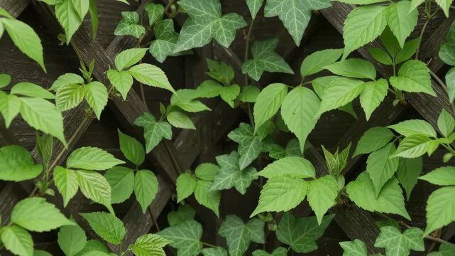 Green vine leaves climbing on a dark wooden lattice wall background in the garden