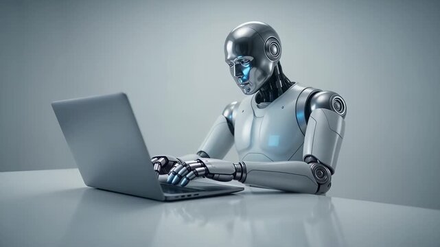 Technology - humanoid robot typing on a laptop computer at a desk in a futuristic setting
