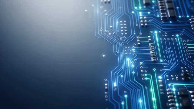 Technology - Macro close up of glowing blue circuit board traces and electronic components with data pulse transmission