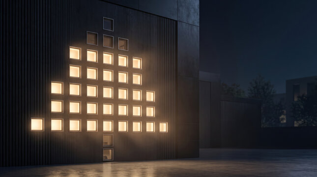 Christmas light display on dark modern building facade creates warm geometric pattern at night.
