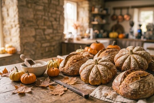 Cozy autumn kitchen with freshly baked pumpkin shaped bread loaves on wooden table.