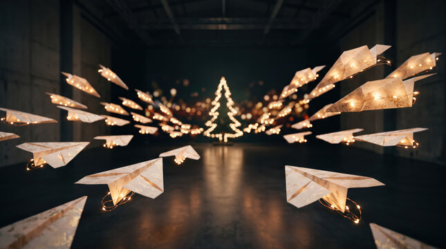 Christmas paper airplane light paper airplane display with warm christmas lights forming tree in dark industrial hall.