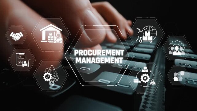 Computer Keyboard Close-Up Featuring Procurement Management Concepts with Icons of Supply Chain, Logistics, and Business Operations in a Modern Office Setting Sigmoid