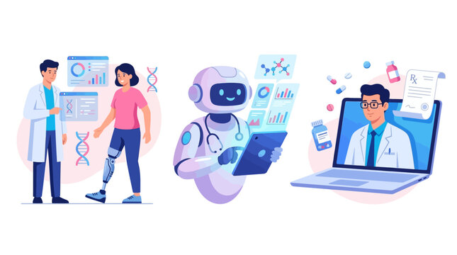 Future Healthcare Technology Set with AI Robot, Telemedicine, and Prosthetic Care. Ideal for medical tech blogs and digital health presentations.