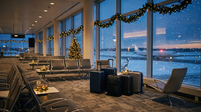 Christmas airport lounge with decorated tree and luggage beside snowy runway windows.