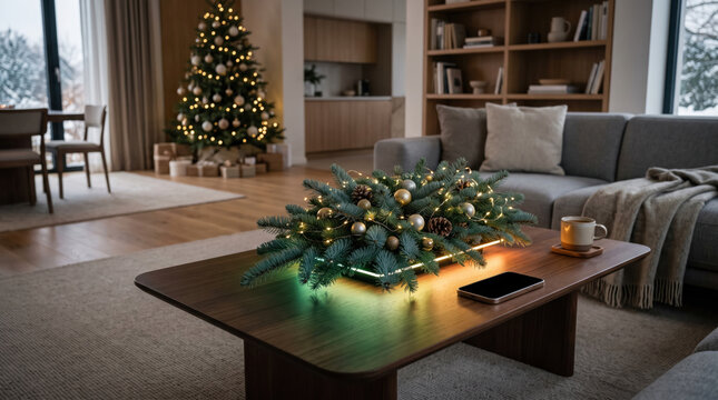 Christmas tree Christmas decoration living room coffee table evergreen wreath warm light, cozy holiday interior with Christmas tree and festive.