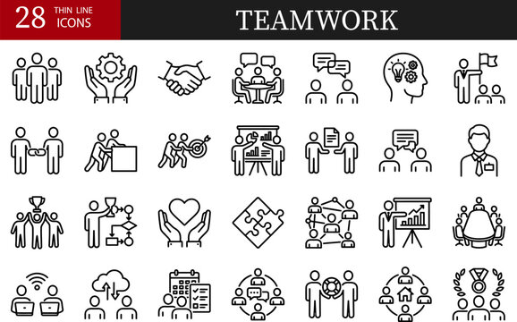 Set of twenty eight teamwork and business cooperation line icons for professional collaboration concepts