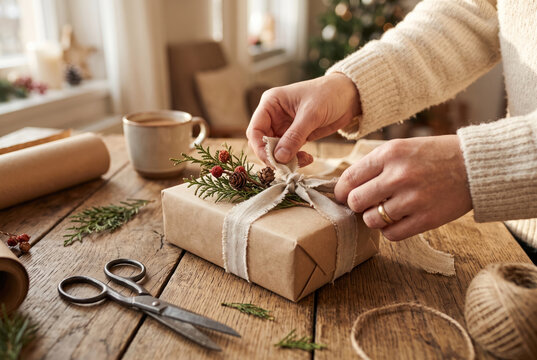 Christmas gift wrapping with natural greenery and ribbon on rustic wooden table creating warm festive holiday mood.