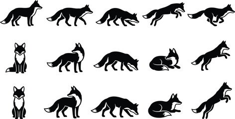 Obraz premium Minimalist fox silhouette collection, 15 black wild animal icons in various poses, forest wildlife vector set for logo design and nature branding