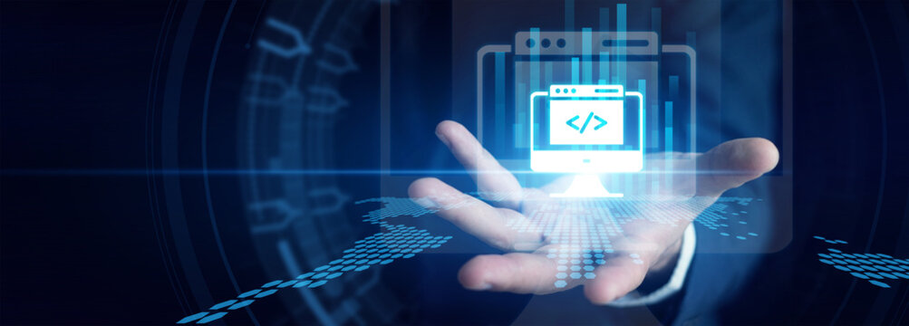 Frontend programmer shown by writing custom Web Development code strings on a dark theme text editor to create responsive online applications. Innovative digital platform and UI/UX design.