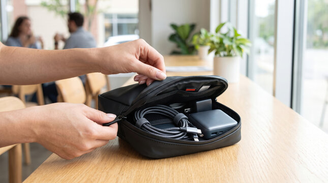 Digital nomad organizing electronic accessory in compact travel case at bright workspace with calm focus.
