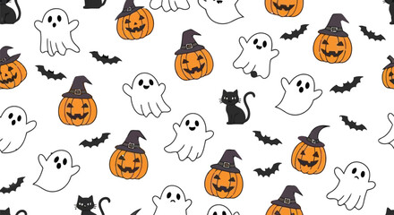 Fototapeta premium Seamless vector pattern featuring cute halloween pumpkins, friendly white ghosts, black cats, and flying bats