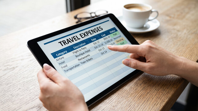 Digital nomad planning travel expense budget on tablet beside coffee while organizing finances and preparing for business trip.