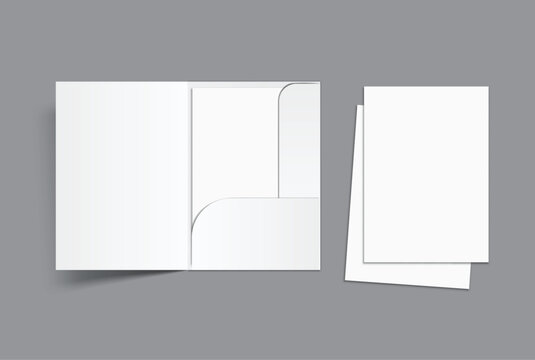 A4 Size Pocket folder mockup featuring open and white paper presentation folders on background, with clean blank surfaces for showcasing branding, stationery, presentation document, and print designs.
