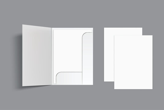 A4 Size Pocket folder mockup featuring open and white paper presentation folders on background, with clean blank surfaces for showcasing branding, stationery, presentation document, and print designs.