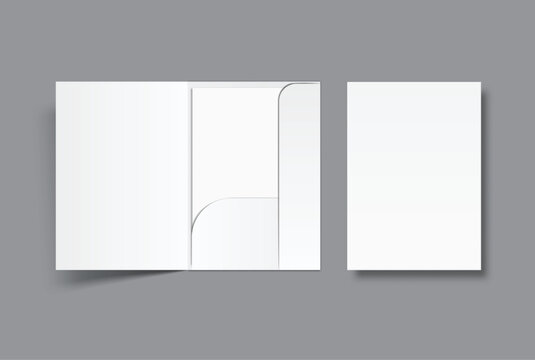 A4 Size Pocket folder mockup featuring open and white paper presentation folders on background, with clean blank surfaces for showcasing branding, stationery, presentation document, and print designs.