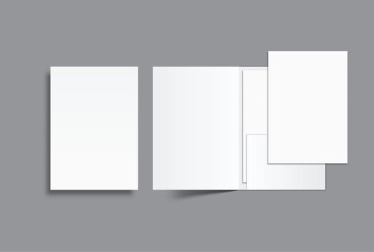 A4 Size Pocket folder mockup featuring open and white paper presentation folders on background, with clean blank surfaces for showcasing branding, stationery, presentation document, and print designs.