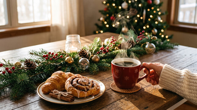 Warm Christmas breakfast with coffee, pastry and evergreen centerpiece creating cozy holiday comfort in rustic dining room.