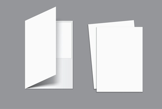A4 Size Pocket folder mockup featuring open and white paper presentation folders on background, with clean blank surfaces for showcasing branding, stationery, presentation document, and print designs.