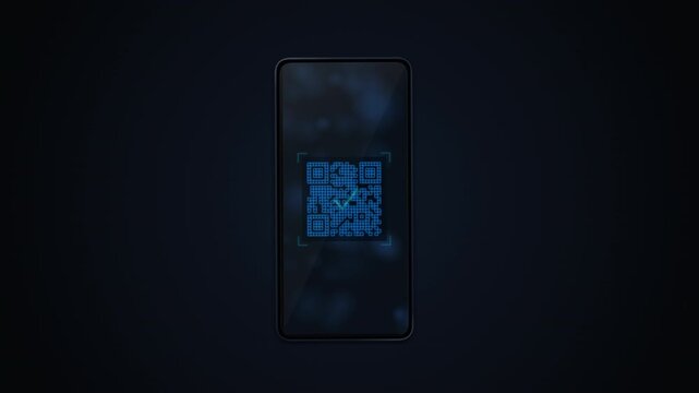 Realistic smartphone scanning a glowing blue QR code, showing contactless payment, digital transactions, mobile technology, secure authentication, e-commerce, fintech, and modern connectivity