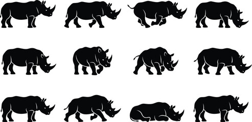 Rhinoceros silhouette collection, 12 black rhino vector icons in various poses, African wildlife animal set for nature conservation and safari design © Nosheen