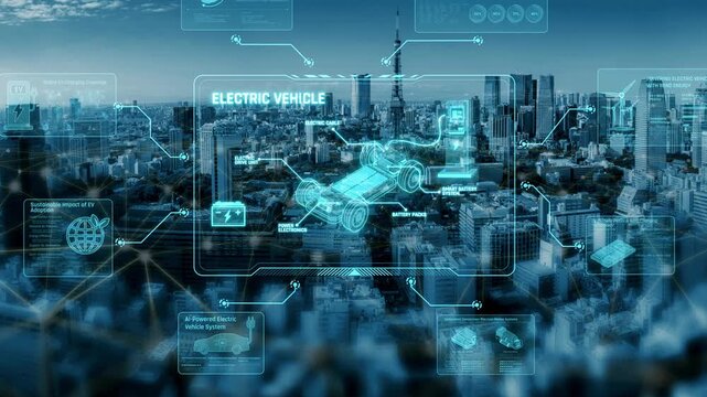 Technical layout of electric vehicle showing battery system, power control, traction motor, charging interface, and integration with renewable and smart energy sources Marrow