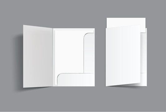 A4 Size Pocket folder mockup featuring open and white paper presentation folders on background, with clean blank surfaces for showcasing branding, stationery, presentation document, and print designs.