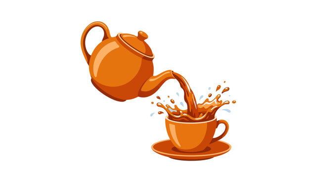 Vector illustration of a ceramic teapot pouring hot herbal tea into a matching tea cup on a clean background, ideal for breakfast, cafe menu, and healthy lifestyle design concepts.