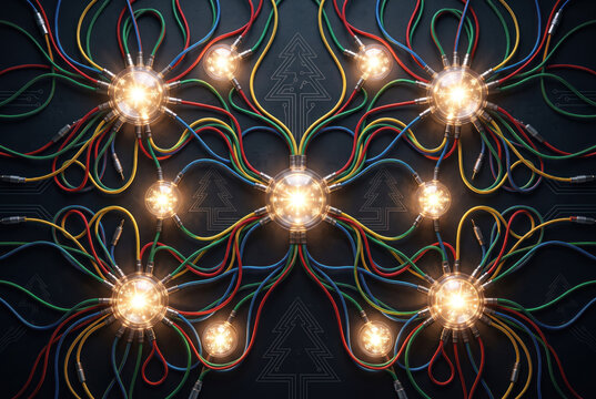 Christmas light bulb with colorful electrical wire arranged in symmetrical festive pattern.