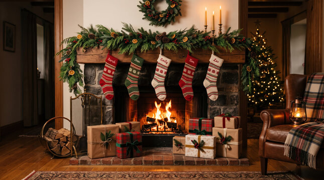 Christmas fireplace with glowing fire and decorated mantel, stockings, wreath, presents and warm candlelight create cozy holiday interior.