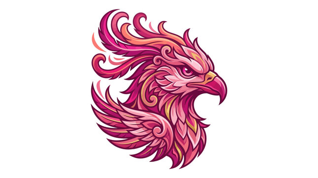 Detailed Illustration of a Pink Mythical Creature Head with Ornate Features and Fantasy Design Elements, Isolated on a White Background for Creative Graphic Design Projects