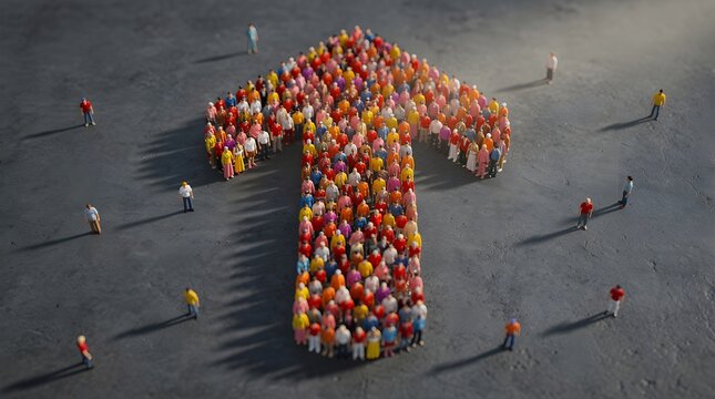 Tilt-shift aerial view of tiny colorful figures forming a cursor-shaped arrow at golden hour, symbolizing direction, leadership, teamwork and business growth