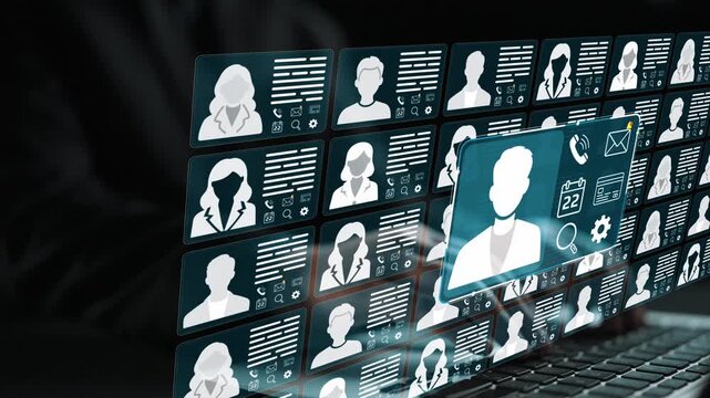 Digital interface displaying multiple user profiles and communication tools on a laptop screen representing online identity and data management. Entropy.