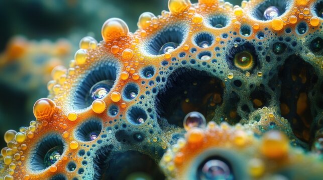 Macro Abstract Organic Fractal Structure With Amber Spheres And Intricate Deep Blue Pitted Texture