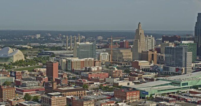 Kansas City Missouri Aerial v16 cinematic pan right shot capturing the high rise office buildings and futuristic downtown cityscape in financial district - Shot with Inspire 2, X7 camera - August 2020