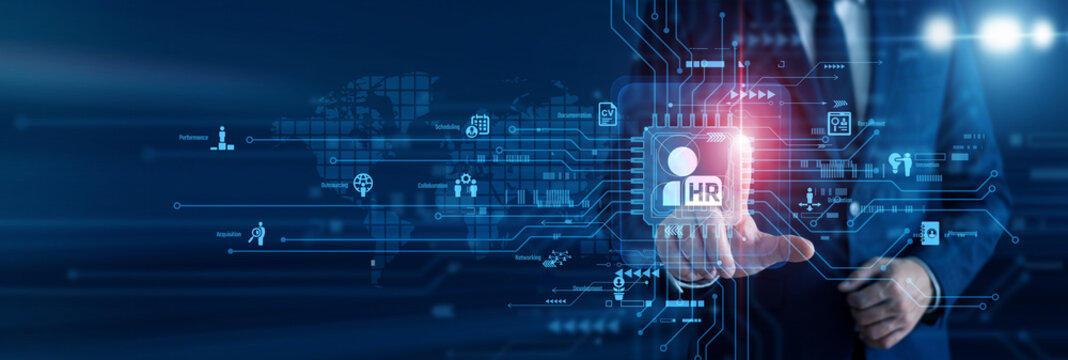 Personnel manager touch of smart Human Resources circuit board and evaluating employee performance stats on a glowing virtual screen. Empowering dynamic corporate workforce development.